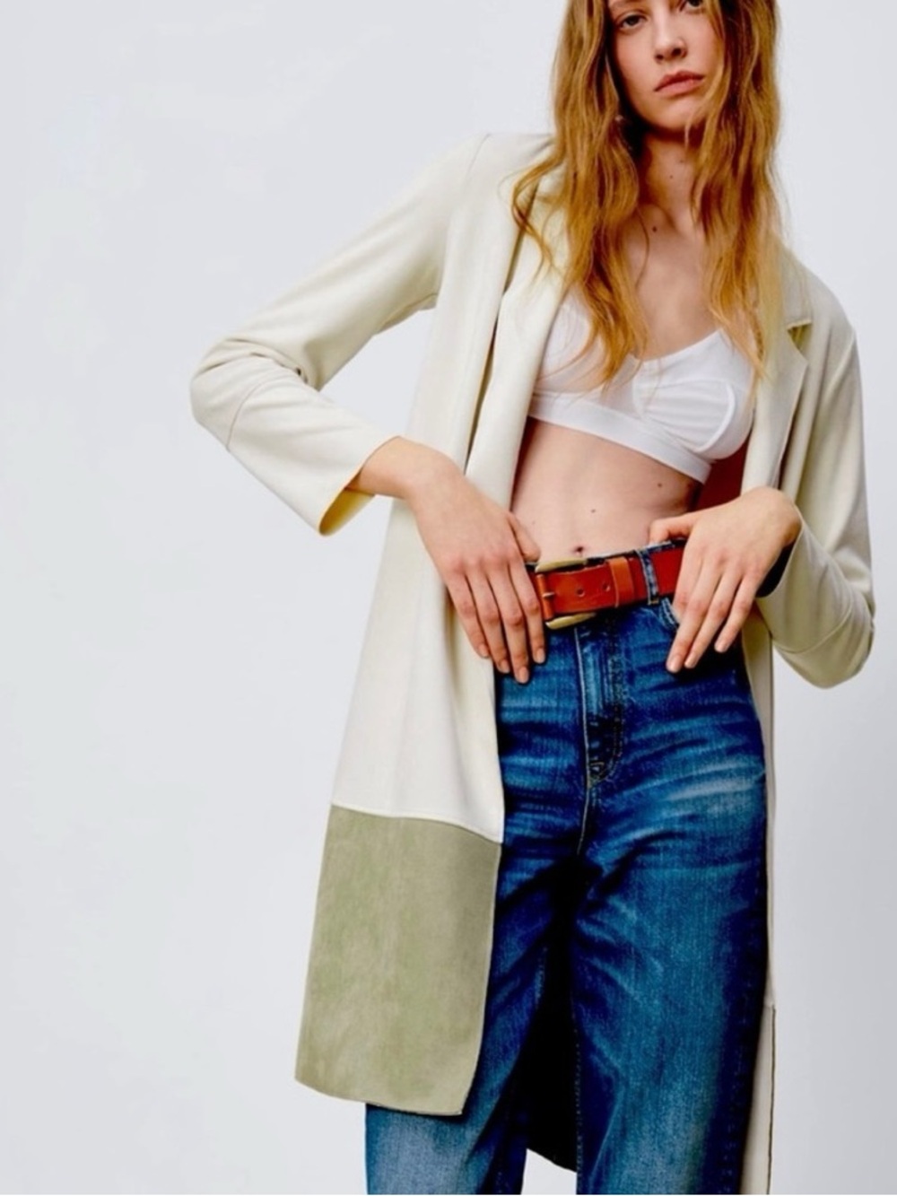 ZARA Faux Suede Cream and Olive Colorblock Long Trench Coat
